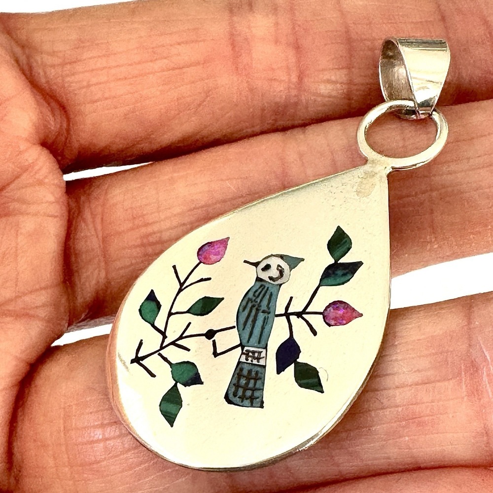Zuni‎ Blue Jay Bird Pendant 2in Turquoise Signed Boyd Native Amer Sterling Inlay View 4